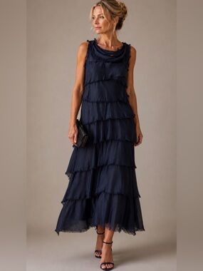 SOLD Italian Silk Navy Tiered Layered Raw Edge Dress One Size USA